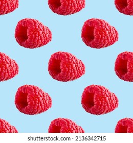 Seamless Pattern With Ripe Raspberry. Berries Abstract Background. Raspberry Pattern For Package Design With Blue Background.