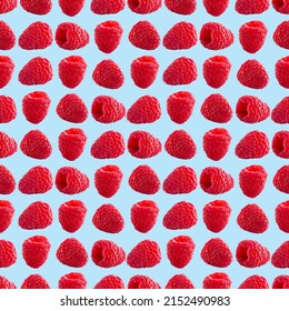 Seamless Pattern With Ripe Raspberry. Berries Abstract Background. Raspberry Pattern For Package Design With Blue Background.