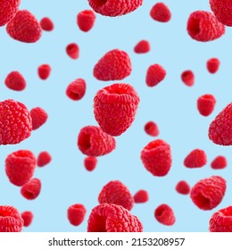 Seamless Pattern With Ripe Raspberry. Berries Abstract Background. Raspberry Pattern For Package Design With Blue Background.