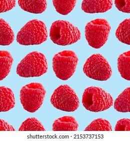 Seamless Pattern With Ripe Raspberry. Berries Abstract Background. Raspberry Pattern For Package Design With Blue Background.