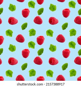 Seamless Pattern With Ripe Raspberry. Berries Abstract Background. Raspberry Pattern For Package Design With Blue Background.