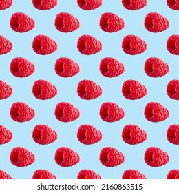 Seamless Pattern With Ripe Raspberry. Berries Abstract Background. Raspberry Pattern For Package Design With Blue Background.