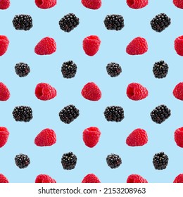 Seamless Pattern With Ripe Raspberry And Bramble. Berries Abstract Background. Raspberry And Bramble Pattern For Package Design With Blue Background.