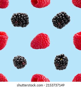 Seamless Pattern With Ripe Raspberry And Bramble. Berries Abstract Background. Raspberry And Bramble Pattern For Package Design With Blue Background.