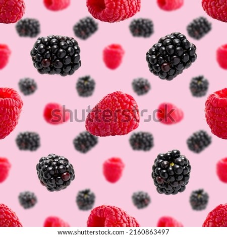 Seamless pattern with ripe raspberry and bramble. Berries abstract background. Raspberry and bramble pattern for package design with pink background.