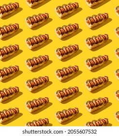 Seamless Pattern With Sandwiches On A Yellow Background. American Junk Food Pattern Concept.