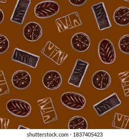 Seamless pattern, set of chocolates on a dark coffee color background, top view, flat lay.