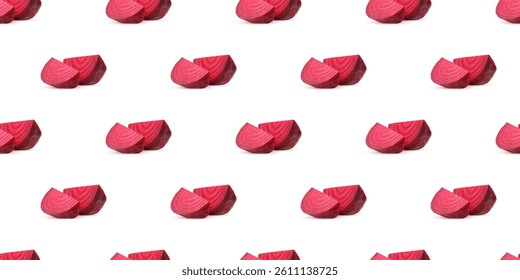 Seamless pattern of sliced beetroot on a white background, creating a vibrant and healthy food texture ideal for culinary or dietary concepts