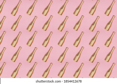 Seamless pattern with small gold glittering bottles of champagne on pink. Party background