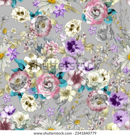 Seamless pattern with spring flowers and leaves. Hand drawn background. floral pattern for wallpaper or fabric. Flower rose. Botanic Tile.
all over print for textile and paper print 