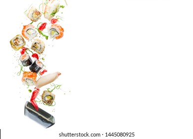 Seamless pattern with sushi. Food abstract background. Flying sushi, sashimi and rolls isolated on the white background.