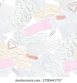 Seamless pattern with torn notebook paper scraps, paper clips, and washi tape. Crumpled collage background. Perfect for journaling, scrapbooking, digital planners, stationery design, ephemera projects