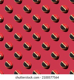 seamless pattern, toy Black caviar in can on red background. Black caviar in metal can. National concept design, label, badge, emblem, card.