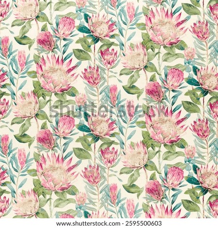 A seamless pattern of vibrant King Protea flowers.  Numerous protea blossoms in shades of pink, ranging from light pastel to deep rose, are arranged across a cream-colored background.  