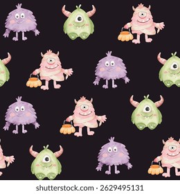 seamless pattern watercolor halloween monsters