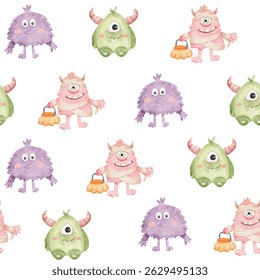 seamless pattern watercolor halloween monsters