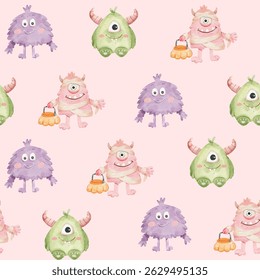 seamless pattern watercolor halloween monsters