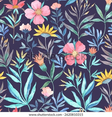 Seamless pattern with wild cute elegant abstract flowers. Watercolor hand-drawn illustration