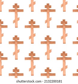 Seamless Pattern With Wooden Cross. Religious Background.