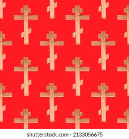 Seamless Pattern With Wooden Cross. Religious Background.