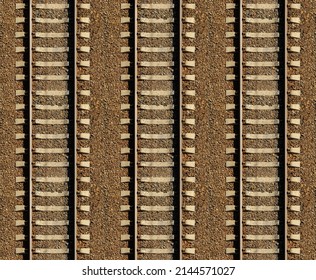 Seamless railroad Pattern, backdrop with space for text. Top view. Shiny iron rails and concrete sleepers, coupled with powerful bolts on stony ground, fortified rubble overgrown