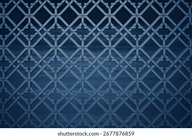 A seamless, repeating geometric pattern featuring interlocking diamonds and lines in varying shades of dark blue, creating a textured effect.