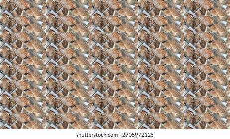 Seamless, repeating overhead pattern of assorted baked goods arranged in metal trays, showing warm brown tones, crisp textures, and a geometric, tiled composition