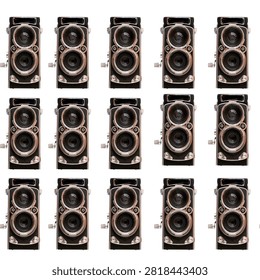 A seamless, repeating pattern featuring vintage twin-lens cameras on a black back-ground.