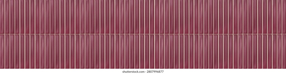 A seamless repeating pattern of slender vertical plum purple ceramic kitkat tiles arranged in two precise parallel rows with crisp light grout lines.