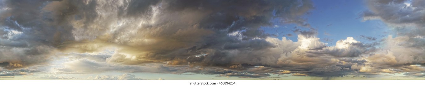 Seamless sky wide panorama with sunset and clouds. Horizontal cloudscape photography. 360 degrees.