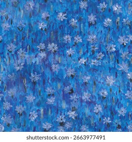 Seamless small-scale floral pattern with tiny blue cornflowers in the style of Vincent van Gogh. Painterly, post-impressionist texture perfect for fabric, wallpaper, gift wrap, and digital backgrounds