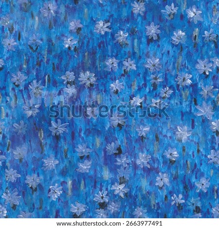 Seamless small-scale floral pattern with tiny blue cornflowers in the style of Vincent van Gogh. Painterly, post-impressionist texture perfect for fabric, wallpaper, gift wrap, and digital backgrounds