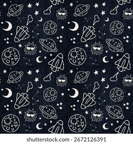 Seamless Space Doodle Pattern with Planets, Rockets, and Stars