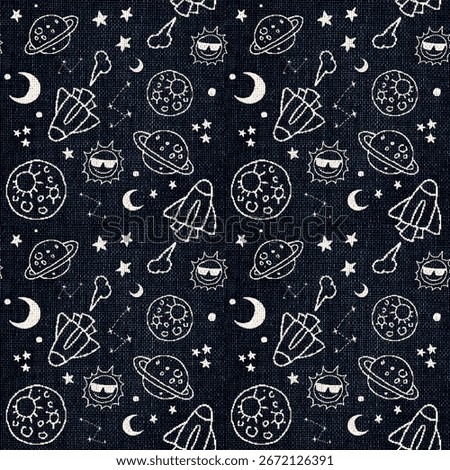 Seamless Space Doodle Pattern with Planets, Rockets, and Stars