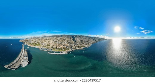 Seamless spherical HDRI aerial panorama 360 degrees for VR virtual reality of Funchal cityscape the largest city and the capital of Portugal's autonomous region of Madeira island in the Atlantic Ocean