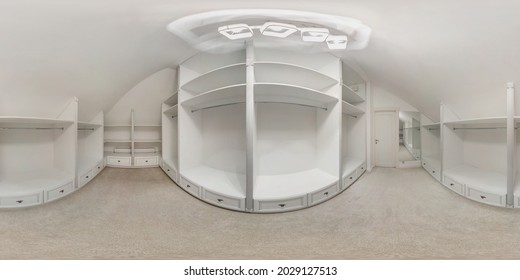 seamless spherical hdri panorama 360 angle view inside white empty big wardrobe room in modern apartment or hotel in equirectangular projection ready for VR AR content