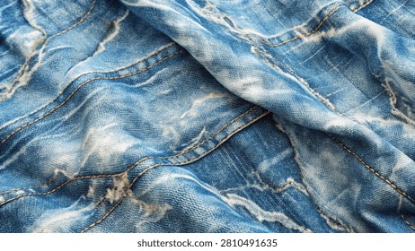 A seamless stonewashed pattern on crumpled blue denim fabric texture background with stitched seams.
