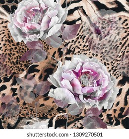 Seamless Textile Pattern. Wild African Animal Skin With Beautiful Purple And Pink Peonies . Tiger And Jaguar Skin Print With Flowers Pattern.