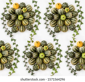 Seamless Tile, Green And Yellow Pumpkins And Gourds On White Background With Poison Ivy, Flower Pattern. Ideal For Halloween, Holiday Wallpapers, Autumn, Recipe Books And Culinary Applications.