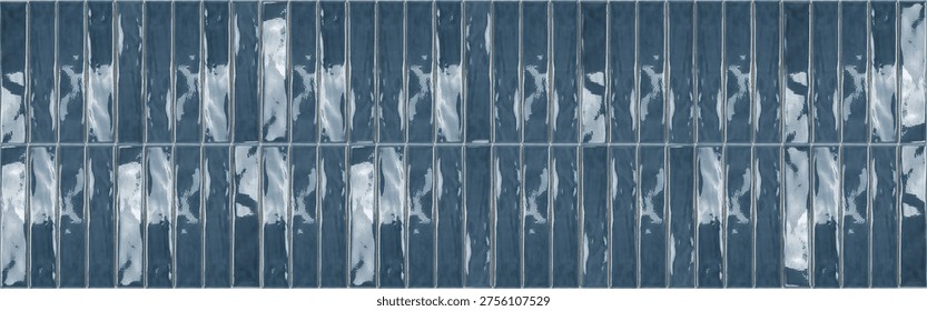 Seamless wall texture featuring rectangular blue ceramic tiles with a reflective glossy glaze and a modern vertical layout.