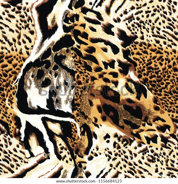 シームレスなユキヒョウのサファリの肌のパターン 虎の皮 ジャガーの皮 ヒョウの柄のミックス の写真素材 今すぐ編集