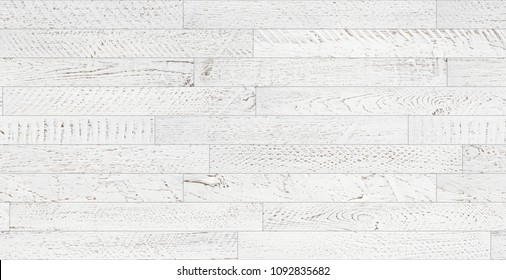 Seamless Wood Planks Texture. Vintage White Painted And Softly Weared Tileable White Wooden Background Flatlay Top View.