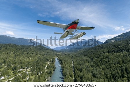 Seaplane floatplane flies low over a turquoise river, forested valley and mountain peaks — 3d Rendering, Background in BC, Canada.