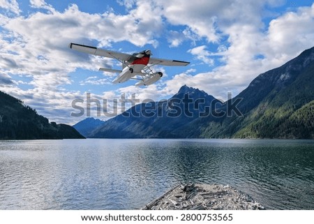 Seaplane floatplane soars above a calm mountain lake with dramatic peaks and clouds, 3d Rendering, Background in BC, Canada