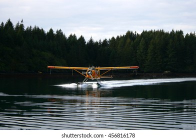Seaplane landing near Kodiak City on Kodiak Island in Alaska