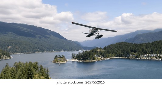 A seaplane soars over a tranquil forest-surrounded lake with distant mountains.