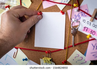 Search Concept. Close-up View Of A Detective Board With Evidence. In The Center Is A Empty Mock Up White Sheet Attached With A Red Pin.