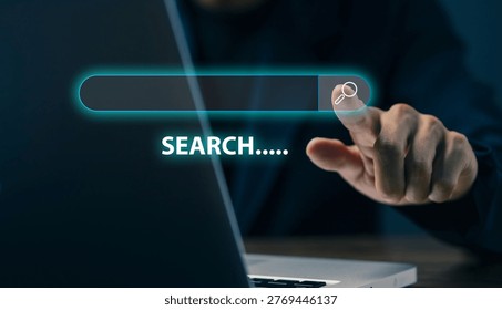 Search engine concept with digital search bar, online information retrieval, internet browsing and data discovery technology for modern users.