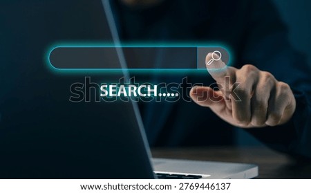 Search engine concept with digital search bar, online information retrieval, internet browsing and data discovery technology for modern users.
