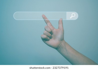 search engine concept, Searching information data on internet networ, kid hand touching magnifying glass icon search and copy space